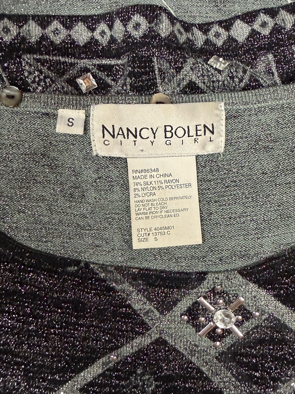 Nancy Bolen City Girl Embellished Metallic Knit Silk Blend Top in Charcoal small - Picture 8 of 8